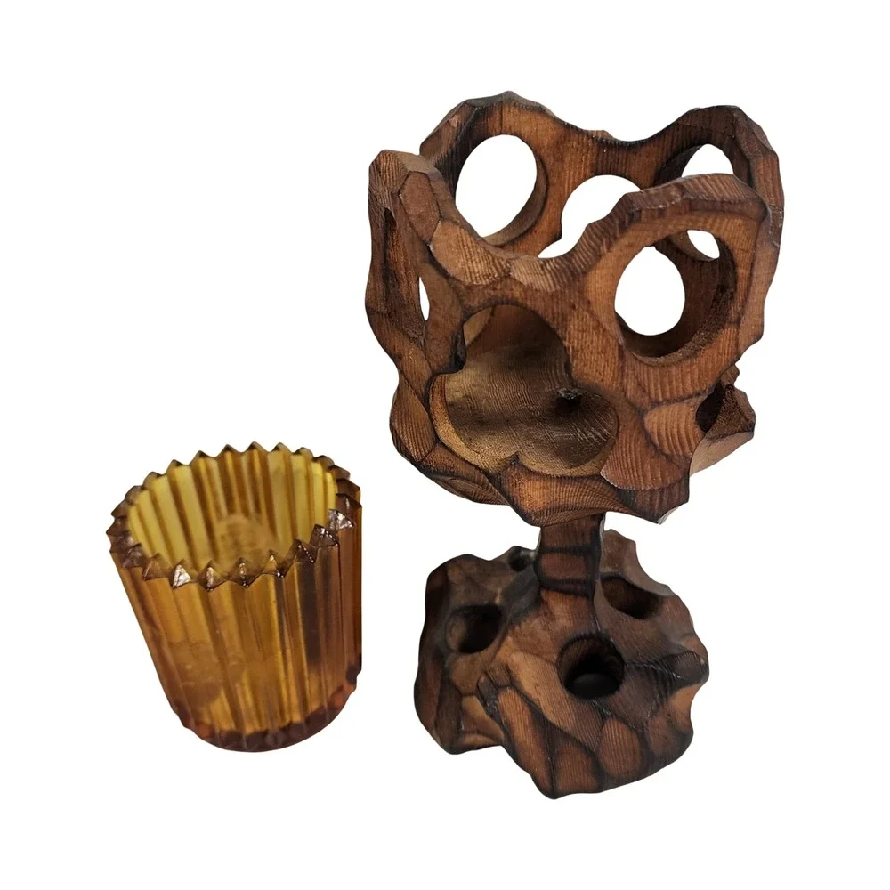 Vintage Hand Carved Brutalist Wood‎ Candle Holder Amber Glass Votive MCM 6.5in